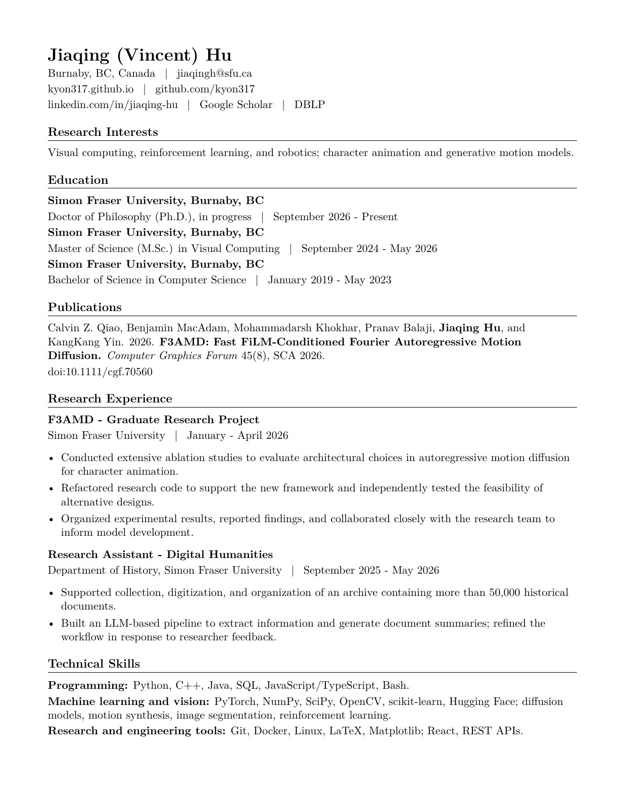 Academic CV of Jiaqing (Vincent) Hu, page 1 of 2. Download the PDF above for selectable text.