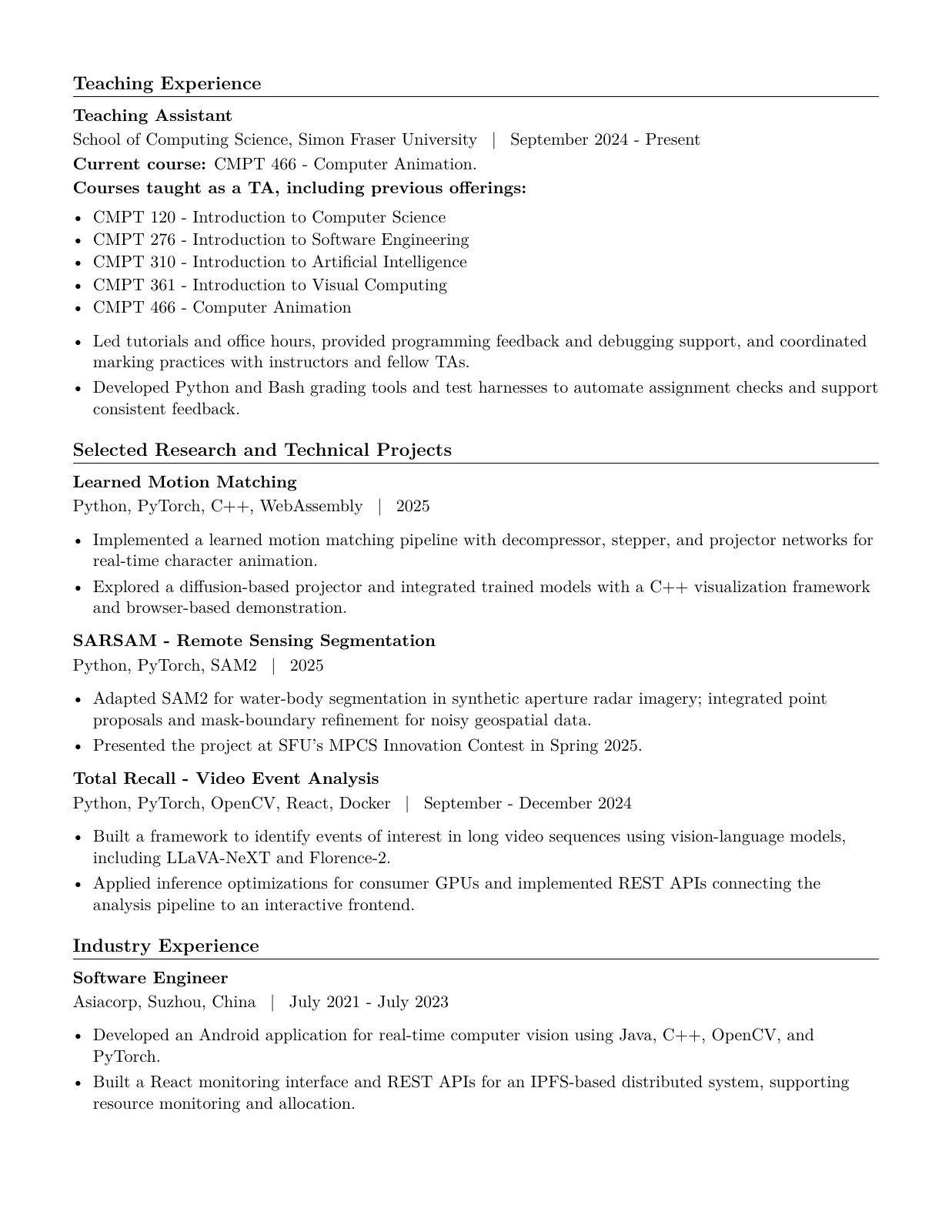 Academic CV of Jiaqing (Vincent) Hu, page 2 of 2. Download the PDF above for selectable text.